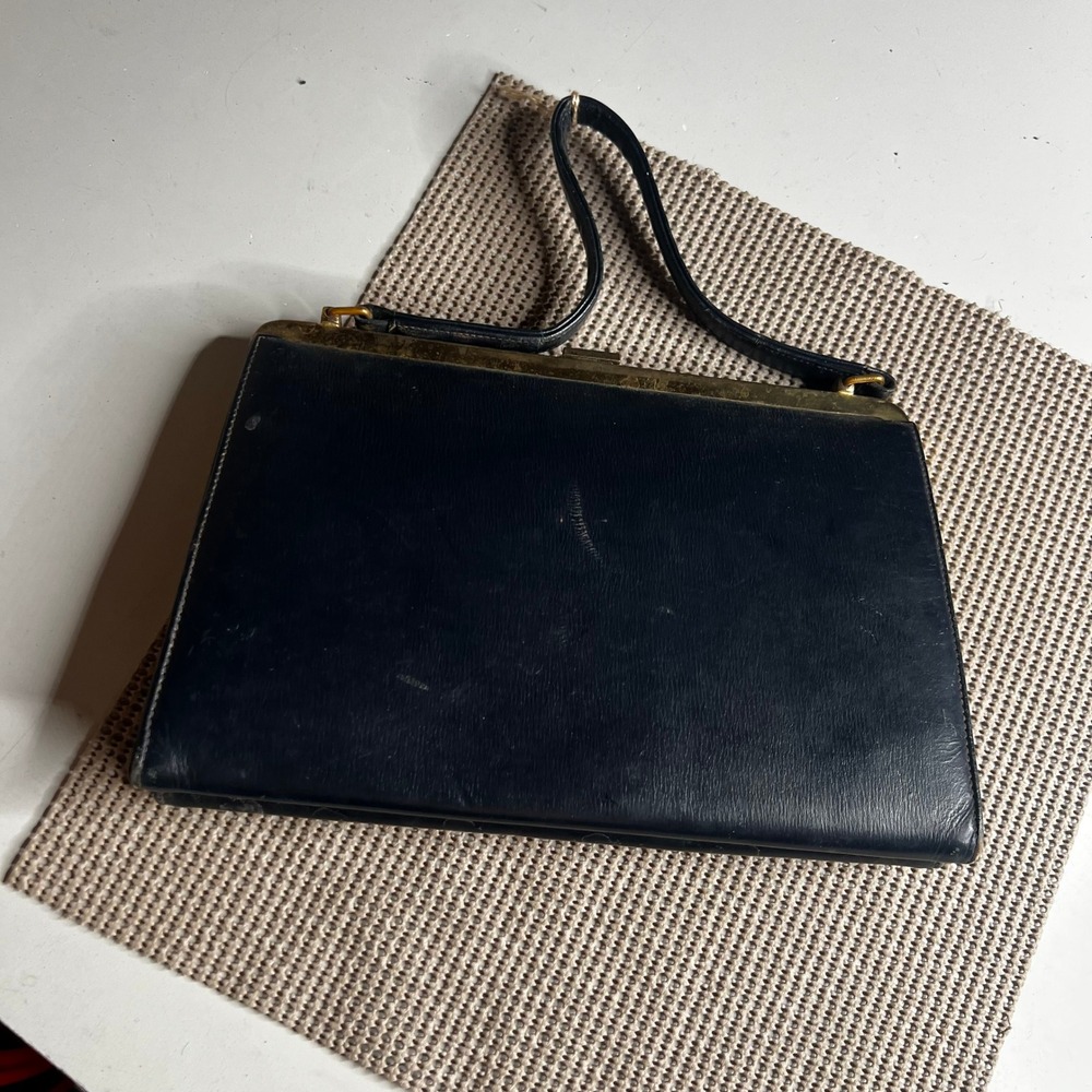 Vintage 1950s Block Black Leather Handbag Gold Frame Clasp Top Handle Bag